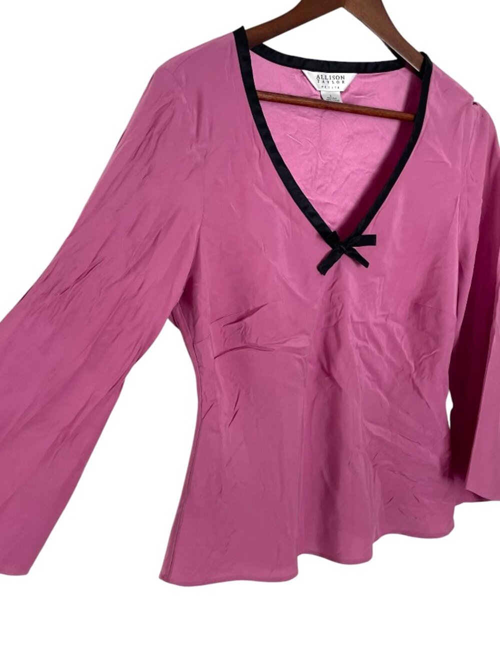 Vintage Y2K Allison Taylor Bell Sleeve Silk Top Petite Large Pink Soft Girl Boho